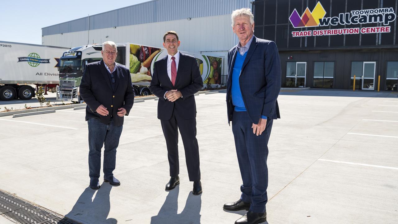 Ready for business are (from left) John Wagner, Queensland Treasurer and Minister for Investment Cameron Dick and Denis Wagner at the Toowoomba Wellcamp Trade Distribution Centre at Wellcamp Airport. Picture: Kevin Farmer