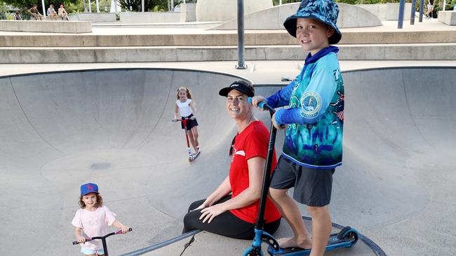 Sarah Martin and her kids, Chelsea Spencer, 6, Mia Spencer, 8 and Micah Parkes, 9, from Mooroobool at the small Esplanade skate park bowl. Picture: Stewart McLean