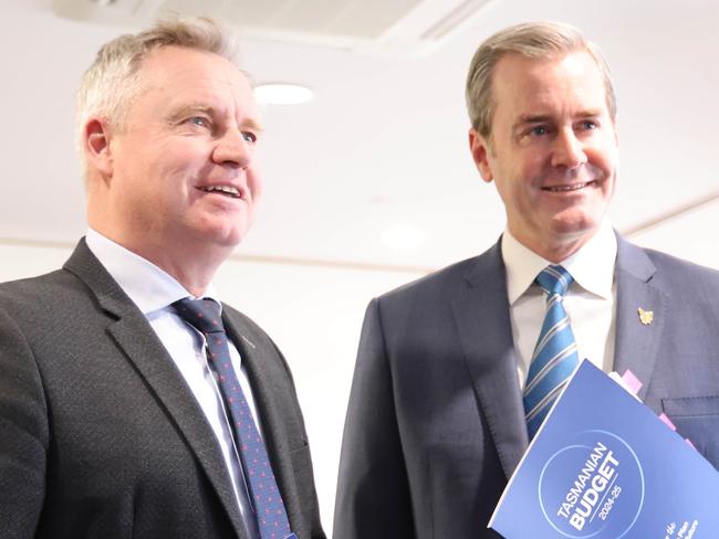 Premier Jeremy Rockliff with Treasurer Michael Ferguson in the budget lock up 2024.  Picture: Department of Premier and Cabinet