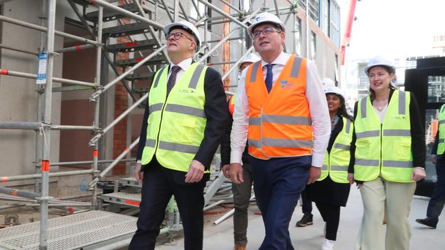 Former Premier Daniel Andrews and Prime Minister Anthony Albanese tour a new public housing site in Prahran, Victoria. Picture: David Crosling