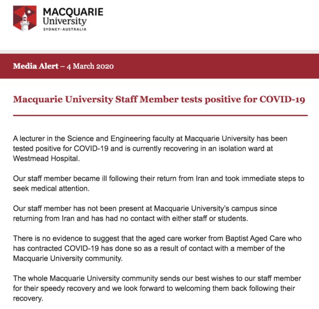 Macquarie University lecturer tests positive for coronavirus