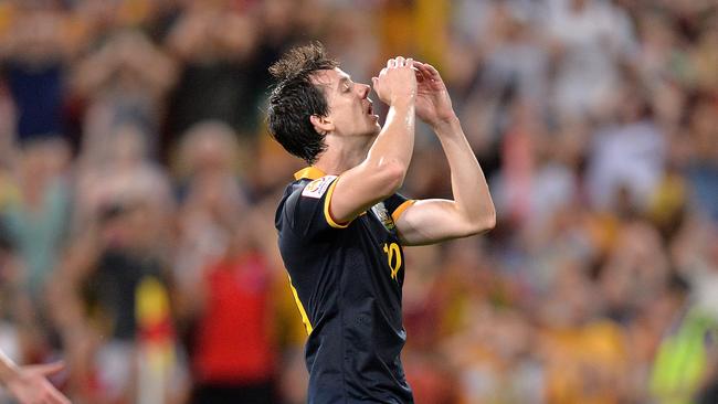 BRISBANE, AUSTRALIA - JANUARY 17: Robbie Kruse of Australia reacts after missing a shot at goal during the 2015 Asian Cup match between Australia and Korea Republic at Suncorp Stadium on January 17, 2015 in Brisbane, Australia. (Photo by Bradley Kanaris/Getty Images)