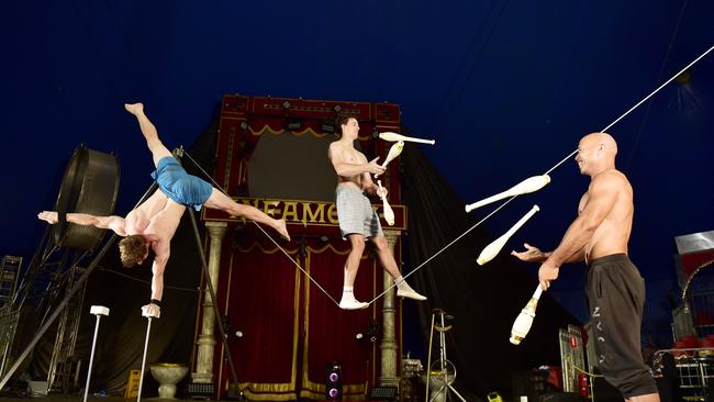 Infamous The Show, training in Townsville ahead of opening night. Artists Ian Richardson, Merrik Aston and Tim Matousek. Picture: Alix Sweeney