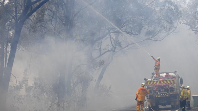 NSW Rural Fire Service crews monitor the burn of a containment line around a property at Colo Heights, north west of Sydney on Saturday.