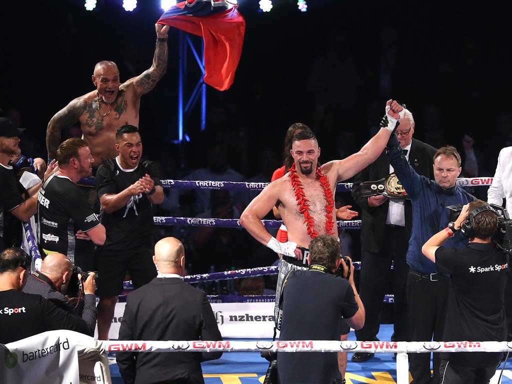 Parker celebrates his win over Tongan-Kiwi heavyweight Junior Fa in February. Picture: Greg Bowker/Getty Images