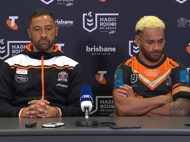 Benji Marshall and Api Koroisau were dejected after the Tigers' defeat.