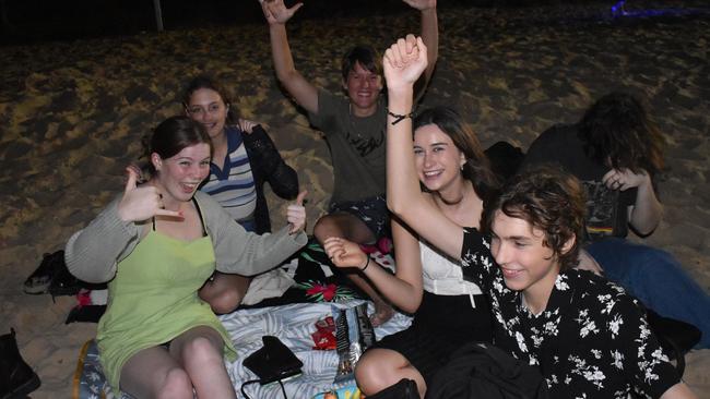 Liam, Bree, Dee, Amelia, William, Jean (no surnames given) celebrating New Year's Eve 2022 at Mooloolaba. Photo: Elizabeth Neil