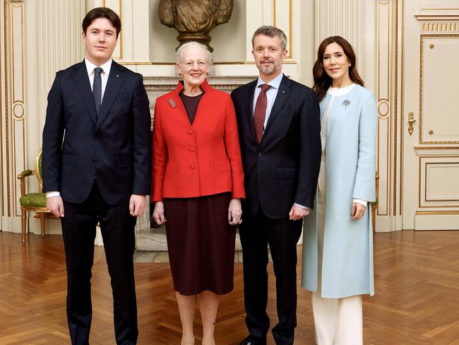 Prince Christian, Queen Margrethe, Crown Prince Frederik, and Crown Princess Mary after the 18-year-old signed the declaration of the constitution at the Council of State. Picture: Keld Navntoft, Kongehuset