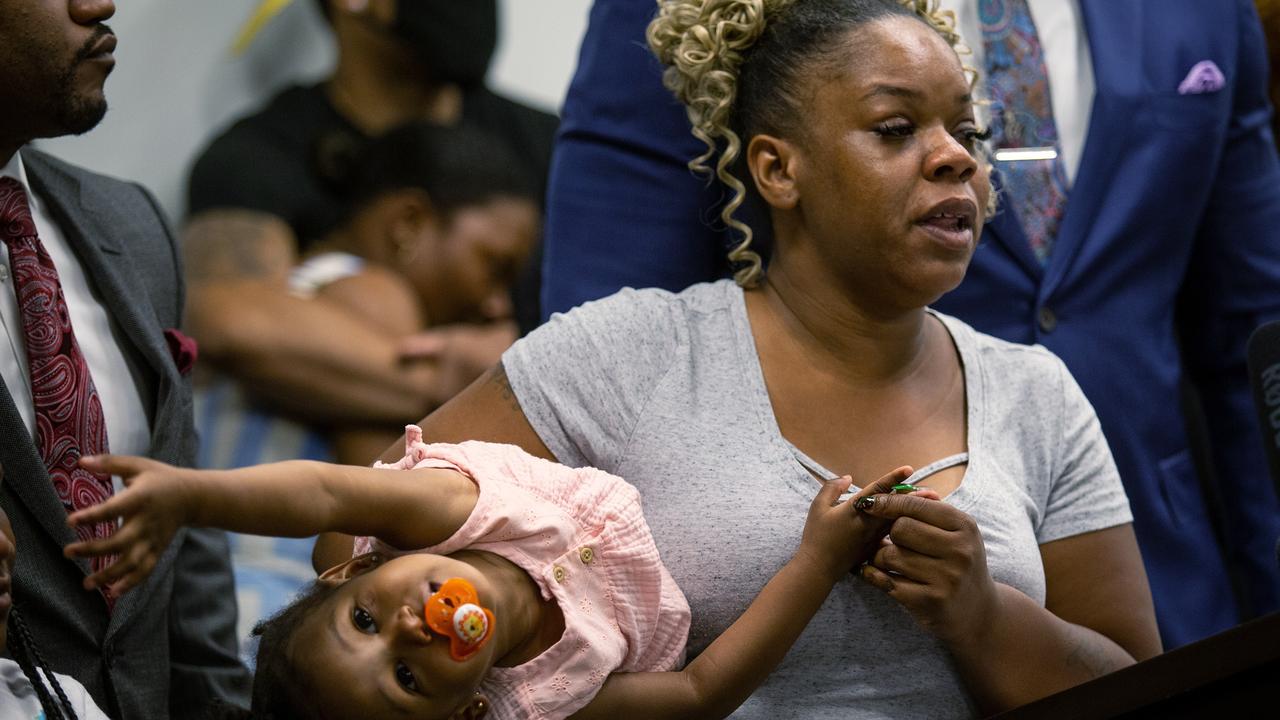 Tomika Miller, the widow of Rayshard Brooks, spoke at a news conference overnight. Picture: AP Photo/Ron Harris