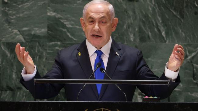 Israeli Prime Minister Benjamin Netanyahu speaks during the 79th Session of the United Nations General Assembly at the United Nations headquarters in New York City on September 27. Picture: Charly Triballeau/AFP