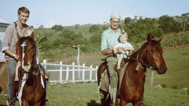 The hill in the background is where the mansion is now located. Pictured is Bob Sullivan (current joint owner of the Sullivan farm), Sarah Robinson, William Sullivan, and Billy Sullivan. Picture: Supplied.