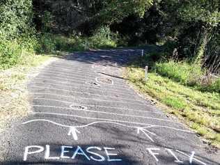 CLEAR MESSAGE: Guerilla road artist Roa Dart is again sending the Lismore City Council a clear message about dangerous sections of roads around the Lismore area. Picture: Max Osborn