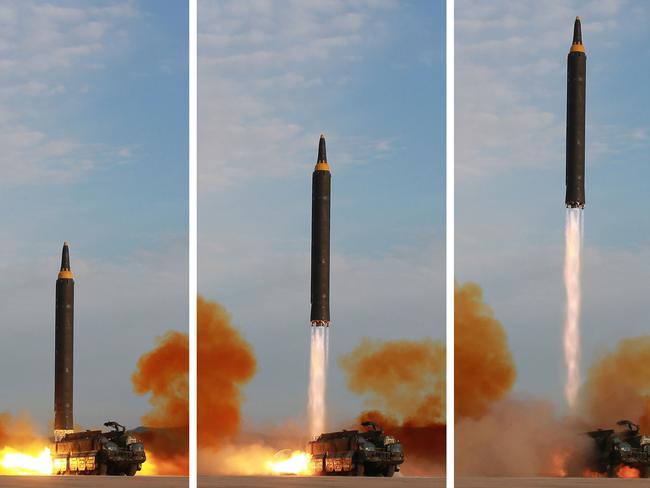 A recent launch drill of the medium-and-long range strategic ballistic rocket Hwasong-12 at an undisclosed location in North Korea. Picture: AFP/KCNA via KNS