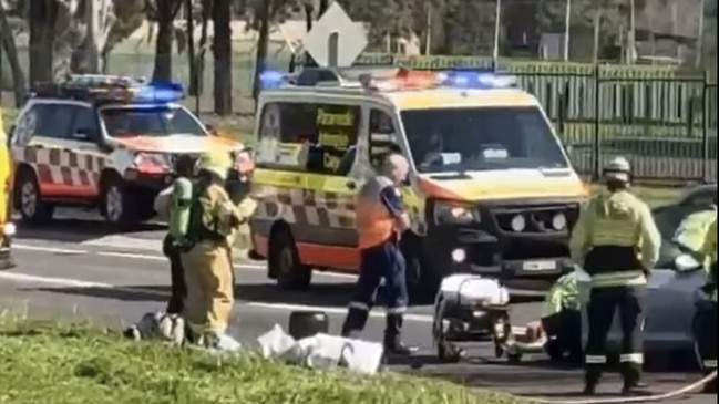 A multiple-vehicle crash took place on Harold St, Macquarie Fields, next to Macquarie Fields High School on Saturday morning. Picture: Facebook