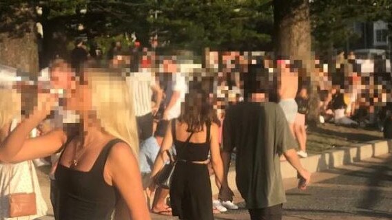 A young woman swigs out of a wine bottle at East Esplanade Reserve at Manly, which has become a crowded unofficial party venue over recent weekends. Picture: Supplied.