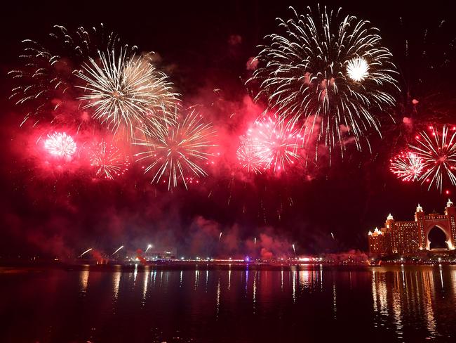 Fireworks explode over the Atlantis Hotel at The Palm Jumeirah, Dubai. Picture: AFP