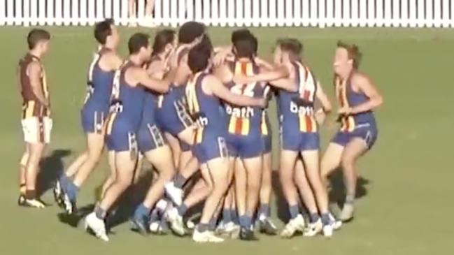 Old Iggies celebrate their winning goal over Modbury on Saturday. Picture: Old Ignatians Football Club