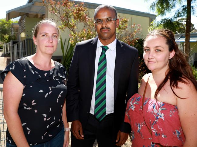 Fighting for kids’ better learning conditions: Parent Natalie Ng, ALP state candidate for Epping Alan Mascarenhas and parent Felicity McCann at Epping West Public this week.