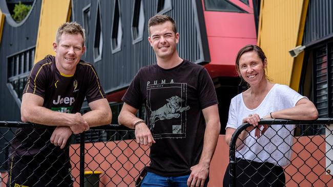 Richmond star Jack Riewoldt with Supercars champion Scott McLaughlin and mindfulness consultant Emma Murray. Picture: Jaime Murcia