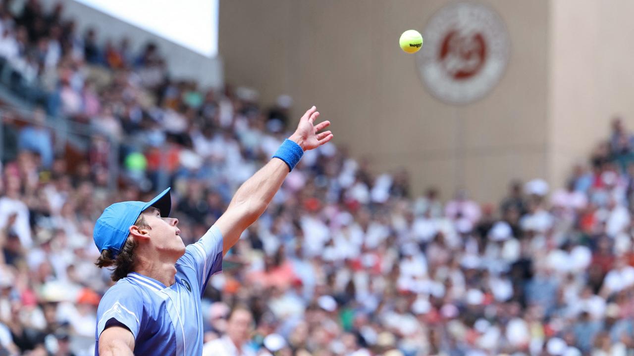 Alex de Minaur serves during his win at the French Open. Picture: AFP