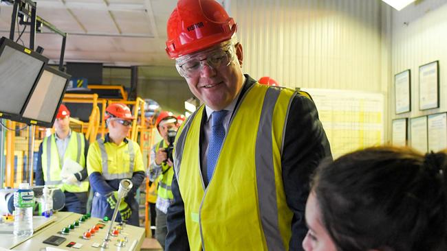 Prime Minister Scott Morrison attends a walk-through at BlueScope Steel in Port Kembla. Picture: NCA NewsWire / Simon Bullard.