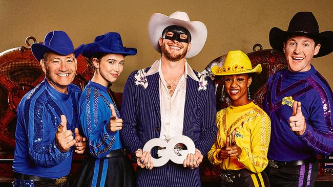 EMBARGO FOR WISH MAGAZINE. 07 MARCH 2025. L-R Anthony Field (OG Blue Wiggle), Lucia Field (Blue Wiggle), South African singer-songwriter Orville Peck, Tsehay Hawkins(Yellow Wiggle), and Lachy Gillespie (Purple Wiggle) at the GQ Men of the Year 2024 awards in Sydney. Photo: Sonny Vandevelde