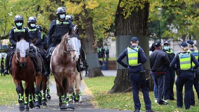 Police at the Millions March against mandatory Covid vaccinations rally at Flagstaff Gardens. Picture: Alex Coppel