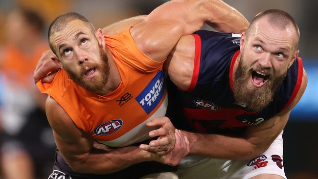 Footy Best of 2020 spread .. 25/12/2020. AFL Round 17. 12/09/2020. GWS Giants vs Melbourne at the Gabba, Brisbane.. Shane Mumford of the Giant and Max Gawn of the Demons lock horns at boundary throw in . Pic: Michael Klein