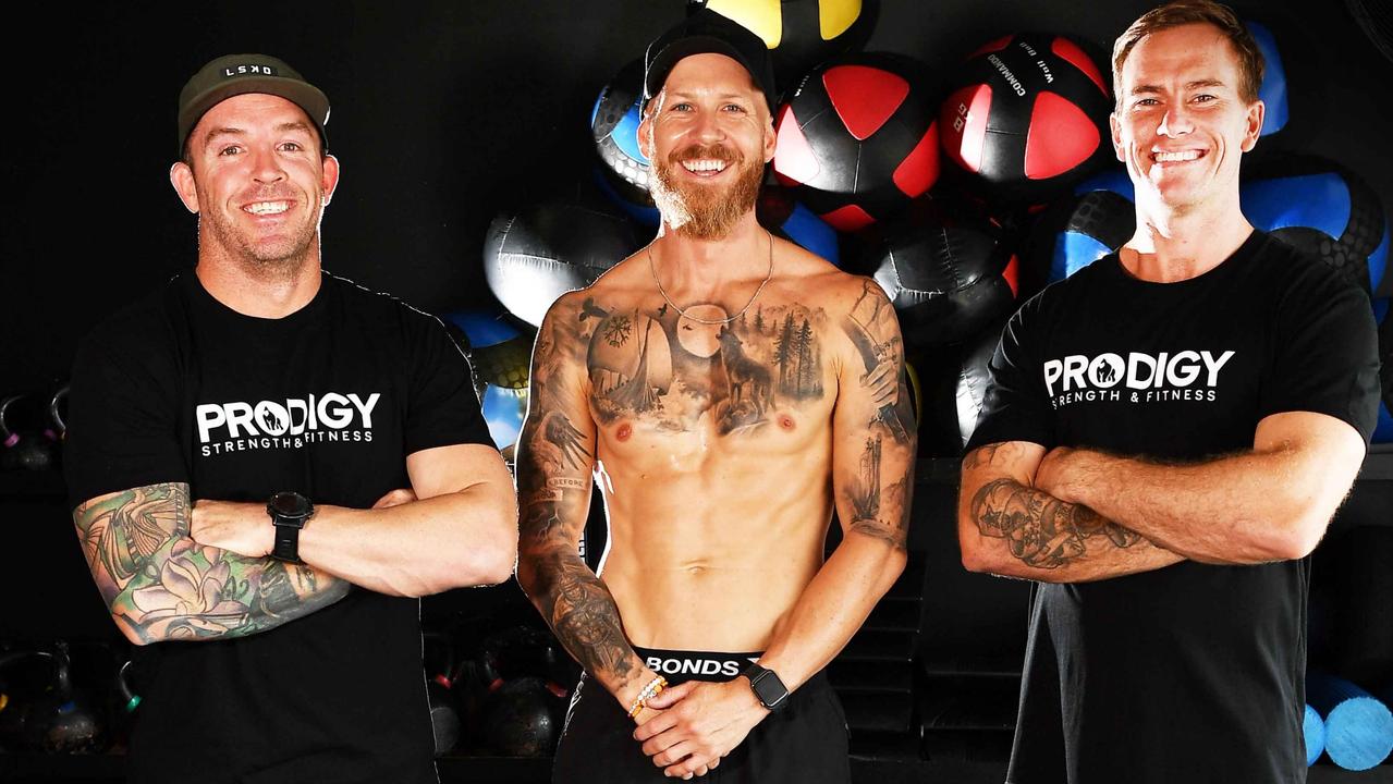 Owner Mark Christensen, AJ Hearne and coach Chris Ashton at Prodigy Strength &amp; Fitness, Caloundra. Picture: Patrick Woods.