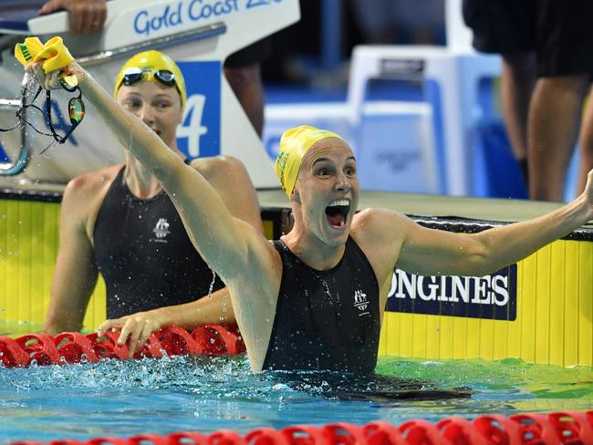 Bronte Campbell celebrates winning the women’s 100m freestyle final at the Gold Coast Commonwealth Games. Picture: AAP