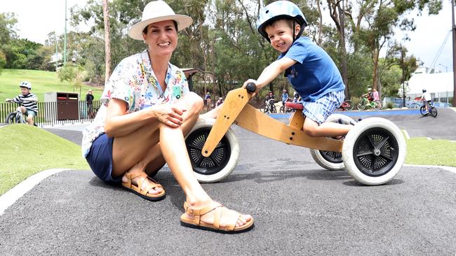 Jana Banhuk and her son Leo at the new Victoria Park Urban Pump Track. Photo: David Clark