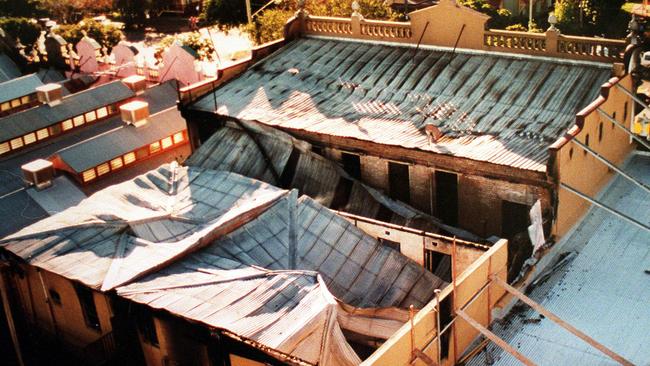 The collapsed roof of the building.