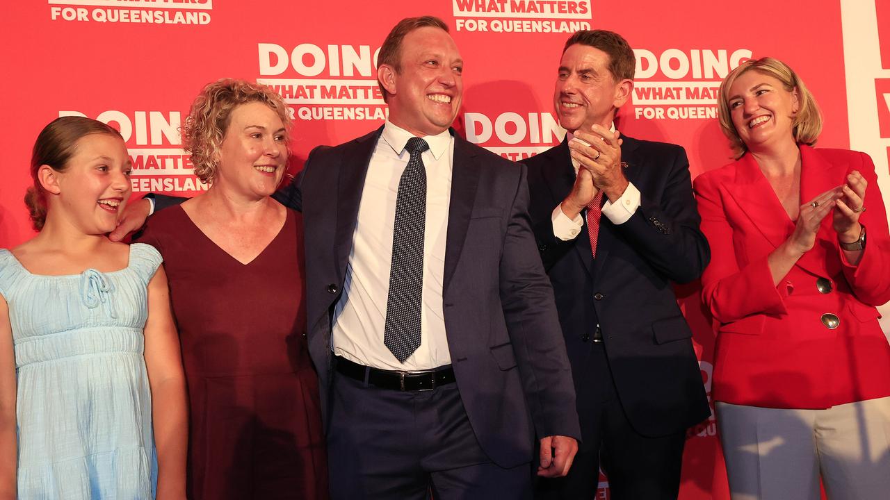 Premier Steven Miles with his wife Kim and daughter Bridie 10, Cameron Dick and Shannon Fentiman as he holds his party launch at the North Lakes Community Centre. Picture: Adam Head