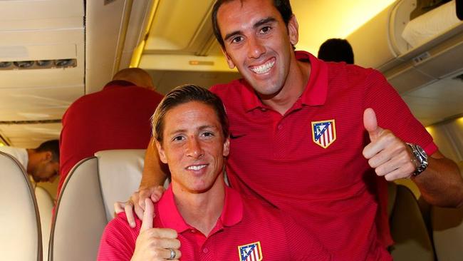 Fernando Torres and Diego Godin give the thumbs up on the plane to Melbourne. Picture: Twitter