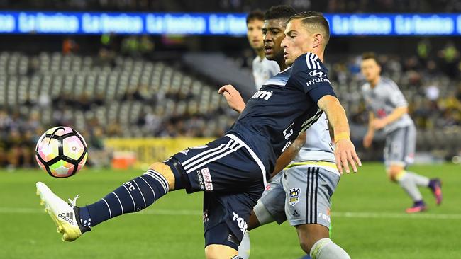 Melbourne Victory’s James Troisi gets a cross in upon his return against Wellington at Etihad Stadium.