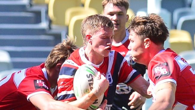 St Pat's Jaxon Purdue during the 2023 Phil Hall Cup final at Queensland Country Bank Stadium. Picture: Matthew Elkerton