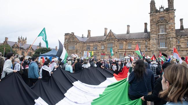 Protesters at the Sydney University Gaza solidarity encampment, on the Quad lawns. Picture: NCA NewsWire / Jeremy Piper