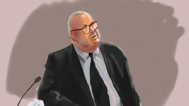 A court sketch of Brett Button giving evidence on Wednesday at Newcastle District Court. Sketch: NewsWire/ Rocco Fazzari