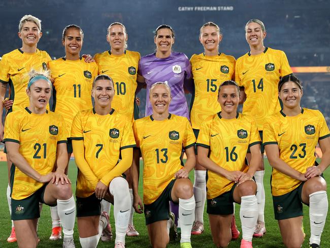 SYDNEY, AUSTRALIA - JUNE 03: Matildas pose for a team photo before the international friendly match between Australia Matildas and China PR at Accor Stadium on June 03, 2024 in Sydney, Australia. (Photo by Cameron Spencer/Getty Images)