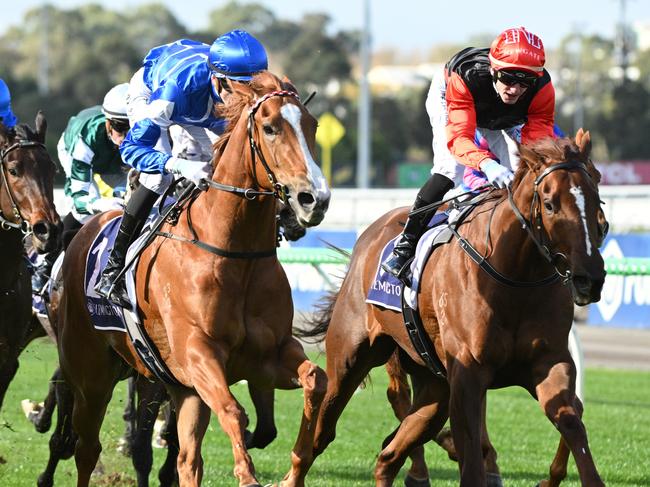 MELBOURNE, AUSTRALIA - JUNE 07: Ben Allen riding Miss Ole (blue) defeats Beau Mertens riding Espana in Race 2, the Brendan Drechsler Handicap during Melbourne Racing at Flemington Racecourse on June 07, 2025 in Melbourne, Australia. (Photo by Vince Caligiuri/Getty Images)