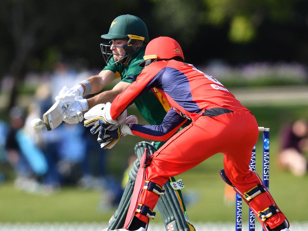 Caleb Jewell of the Tigers bats during the Marsh One Day Cup between SA and TAS at Karen Rolton Oval in Adelaide, Sunday, September 29, 2019. (AAP Image/David Mariuz) NO ARCHIVING, EDITORIAL USE ONLY, IMAGES TO BE USED FOR NEWS REPORTING PURPOSES ONLY, NO COMMERCIAL USE WHATSOEVER, NO USE IN BOOKS WITHOUT PRIOR WRITTEN CONSENT FROM AAP