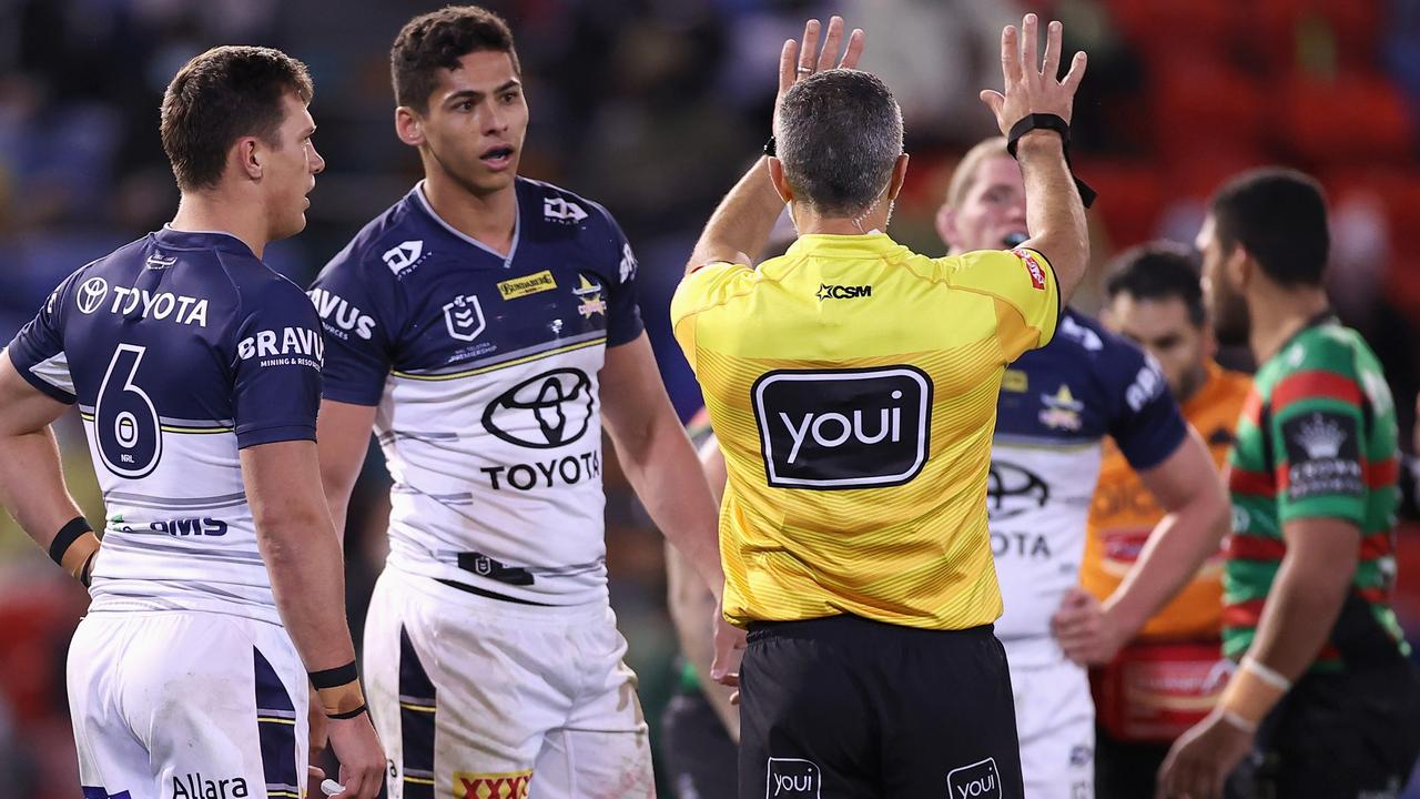 NEWCASTLE, AUSTRALIA - JULY 09: Referee Matt Cecchin sends Heilum Luki of the Cowboys to the sin bin during the round 17 NRL match between the South Sydney Rabbitohs and the North Queensland Cowboys at McDonald Jones Stadium, on July 09, 2021, in Newcastle, Australia. (Photo by Mark Kolbe/Getty Images)