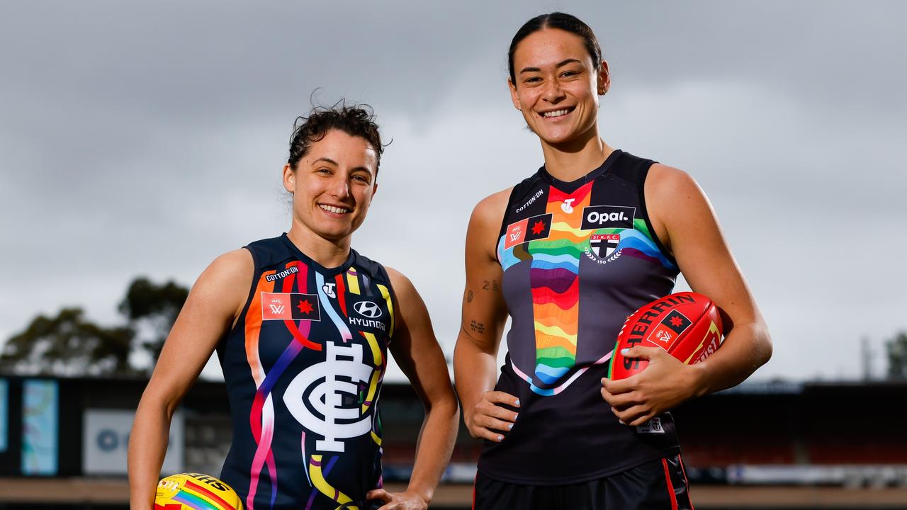 Gab Pound (left) and Carlton will be looking to thwart the maiden finals bid of Jesse Wardlaw’s St Kilda when the sides meet at Ikon Park on Sunday in AFLW Pride Round. Picture: Dylan Burns / Getty Images