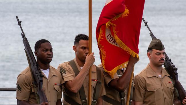 Cpl Simmons Cory, Sgt Mackey Valentino, Cpl Goldman III Alexander and LCpl Luzier Austin as Australians, Americans and Japanese gather before the USS Peary Memorial, Darwin Esplanade, to commemorate the Bombing of Darwin. Picture: Pema Tamang Pakhrin