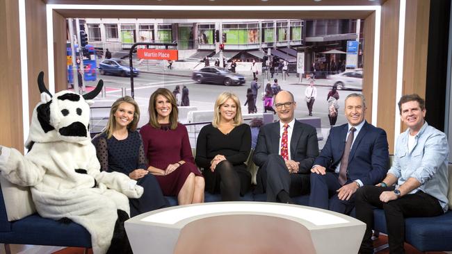 Mark Beretta on set of Sunrise with fellow presenters Edwina Bartholomew, Natalie Barr, Sam Armytage, David Koch and Sam Mac. Picture: Seven Network