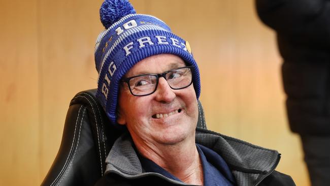 Neale Daniher with Essendon football club players at the clubhouse Hanger ahead of Freeze at the G. Neale Daniher laughs at his brother Terry as he talks of life on the farm growing up.                        Picture: David Caird