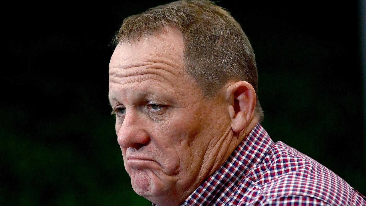 BRISBANE, AUSTRALIA - JUNE 17: Coach Kevin Walters of the Broncos looks dejected as he speaks at a press conference after the round 15 NRL match between the Brisbane Broncos and the South Sydney Rabbitohs at Suncorp Stadium, on June 17, 2021, in Brisbane, Australia. (Photo by Bradley Kanaris/Getty Images)