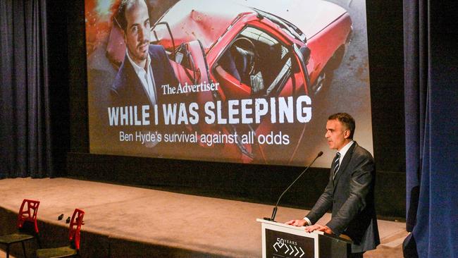 Premier Malinauskas speaking at the premiere of While I Was Sleeping. Picture: Brenton Edwards