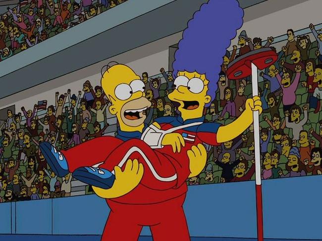 Homer and Marge competing for gold at the Winter Olympics