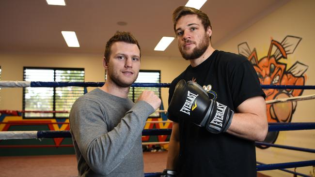 Jeff Horn and Joe Goodall at Stretton Boxing Club. (AAP Image/Dan Peled)